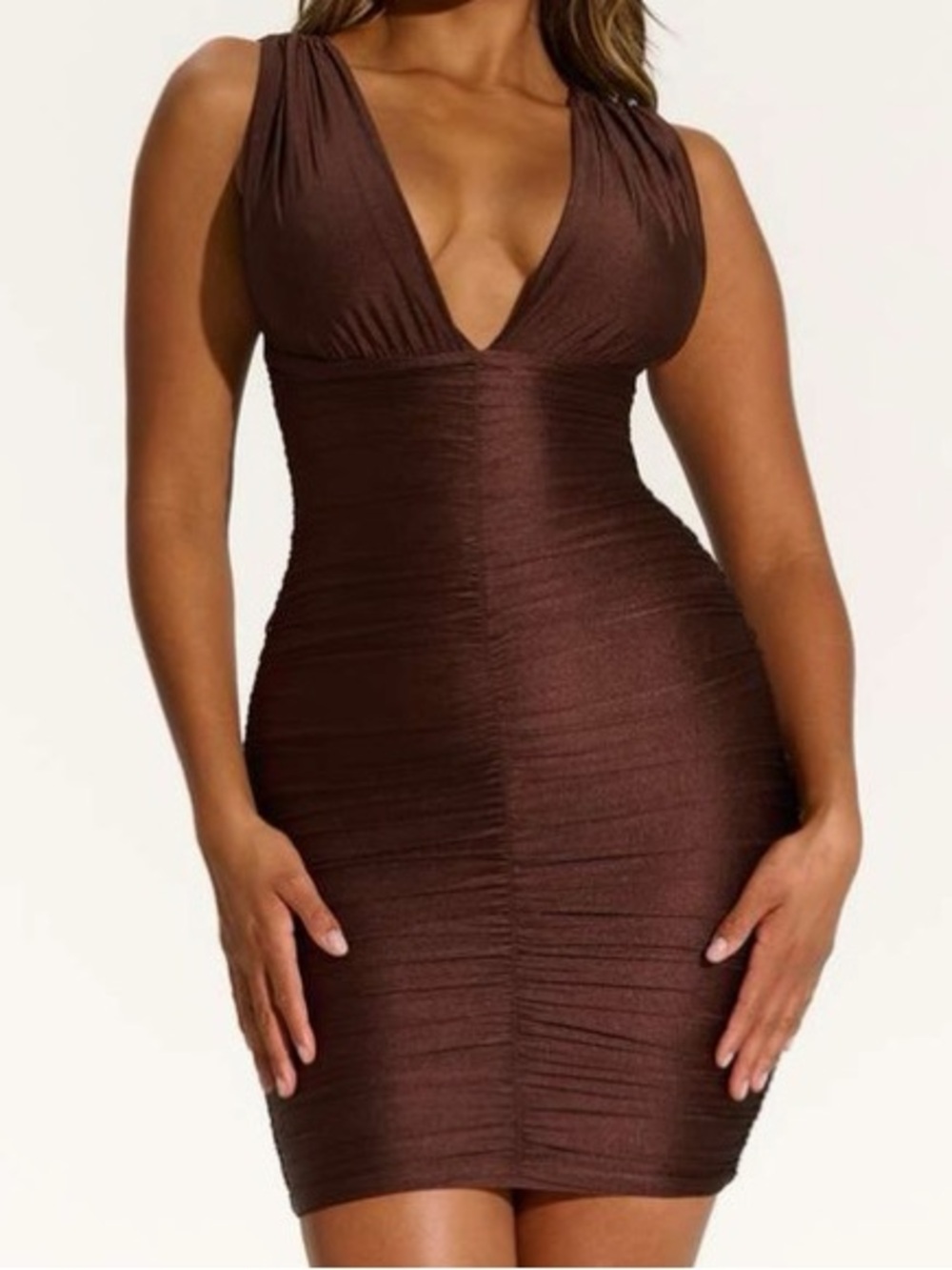 Naked wardrobe ruched mini dress dark brown
